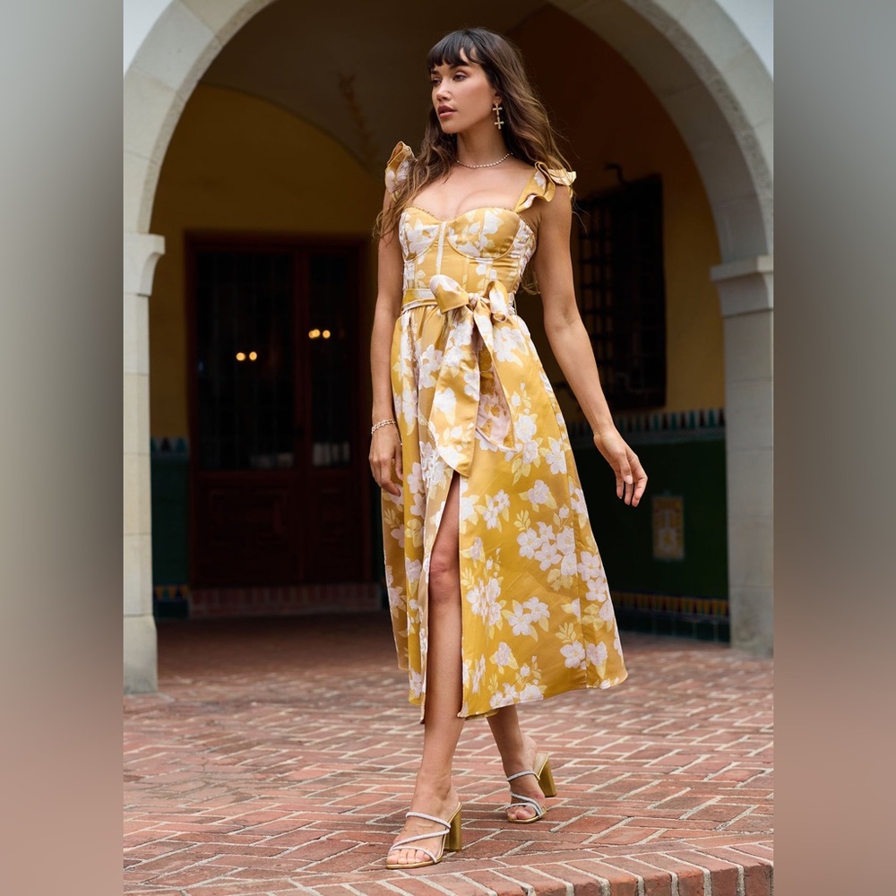 NWT V. Chapman Vera Ruffle Strap Corset Side Slit Midi Dress Gold Baroque 12